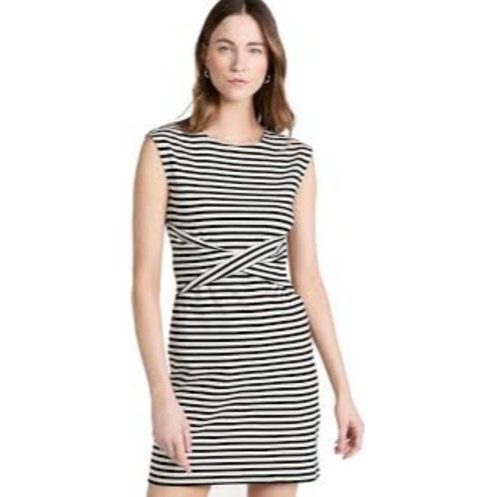 Theory Front Twist Mini Dress In Cream/Black Striped, Size P Which Is A 0/00
